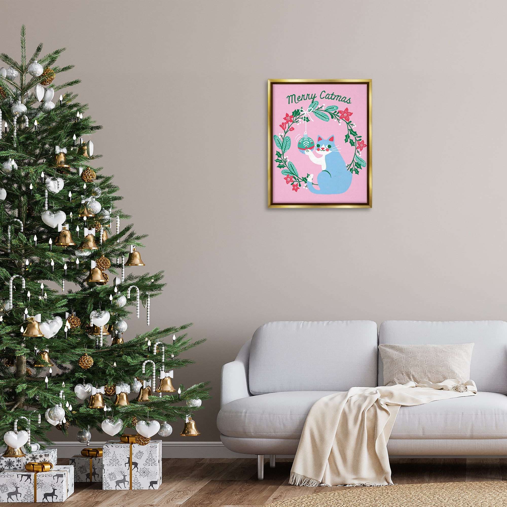 Stupell Industries Merry Christmas Pink Cat Holiday Painting Gold Floater Framed Canvas Art Prints Wall Art, 25 x 31