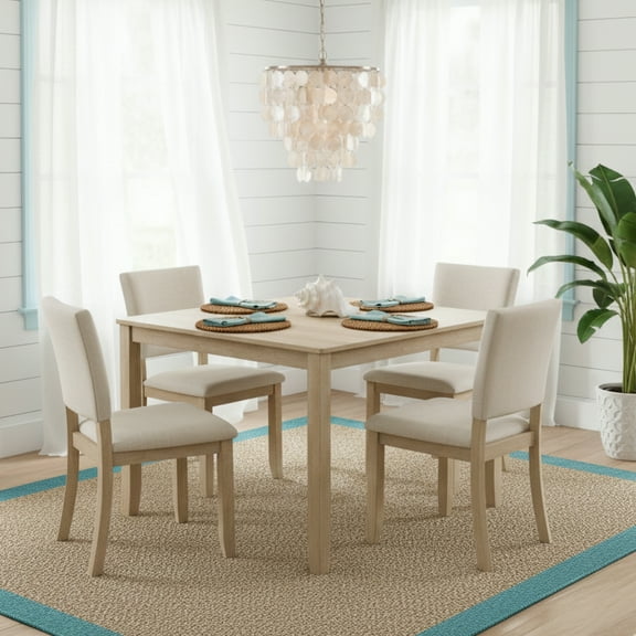 GOMYHOME 5-Piece Solid Wood Dining Set, Square Kitchen Table & 4 Beige Fabric Chairs, Natural Oak