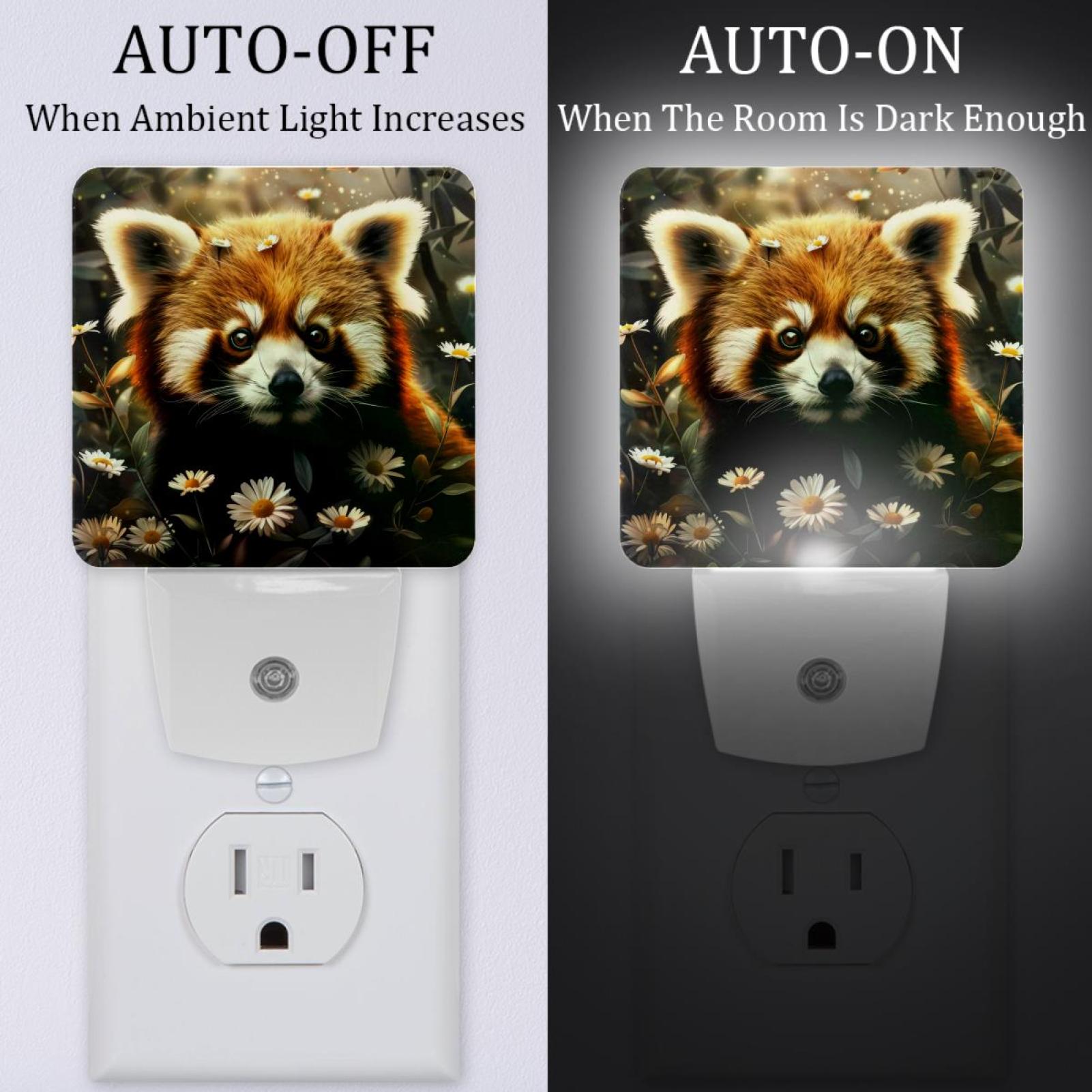 PhooArto Red Panda and Daisy Flower Plug in LED Night Light Auto Sensor Dusk to Dawn Decorative Night for Bedroom, Bathroom, Kitchen, Hallway, Stairs, Baby's Room, Energy Saving