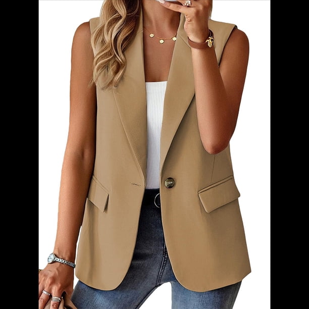 Chaleco Sin Mangas de Verano para Mujer, Estilo Informal, para Oficina, con Bolsillos. Caqui M
