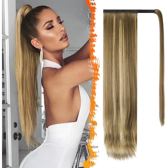 shiyou-Medium Brown Highlight Straight Wrap Ponytail Extension - 30 Inch Long Straight Wrap Around Ponytails for Women, Synthetic Clip in Ponytails Extensions Balayage Pony Tails Hairpieces