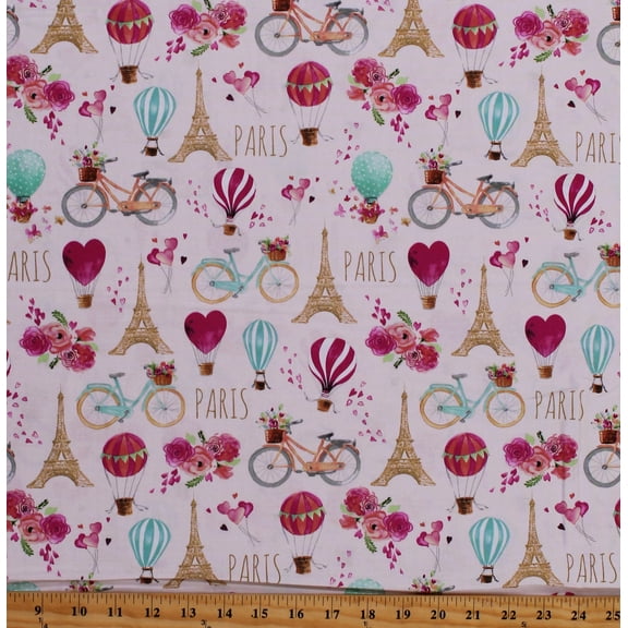 Cotton Paris Eiffel Tower Hearts Hot Air Balloons Bikes Roses Flowers Love is in the Air Pink Cotton Fabric Print by the Yard (1680-22)