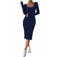 thumbnail image 2 of Women'S Autumn Dress 2 Long Sleeve Square Neck Knit Midi Beach Resort Dress Slit Slim Maxi Dress Royal Blue XL, 2 of 7