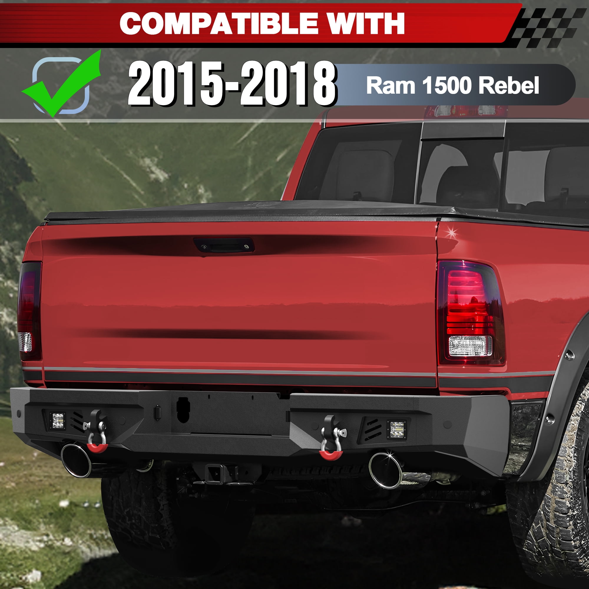 POFENZE Fits 2015-2016-2017-2018 Ram 1500 Rebel Bumper Combo Steel Front and Rear Bumper w/Winch Plate LED Lights