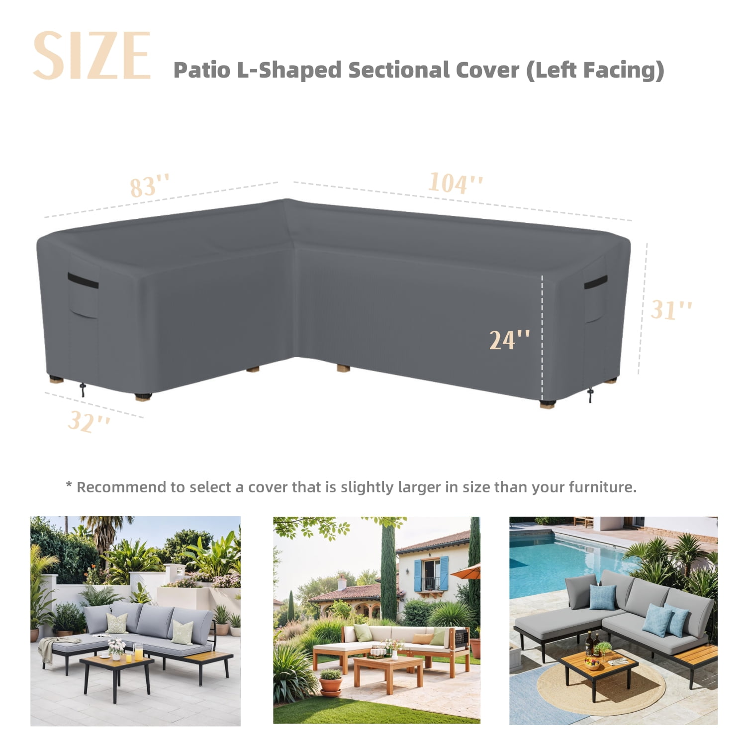 Patio L-Shaped Sectional Cover, 83'' x 104'' Length Left Facing, Heavy-Duty Waterproof UV-Resistant Outdoor Furniture Cover, Easy to Use & Care, Gray