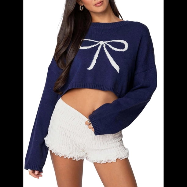 Suéteres de Larga de Otoño para Mujer, Modernos, con Cuello Redondo, Informales, Bonitos, de Punto Grueso. Azul Marino M