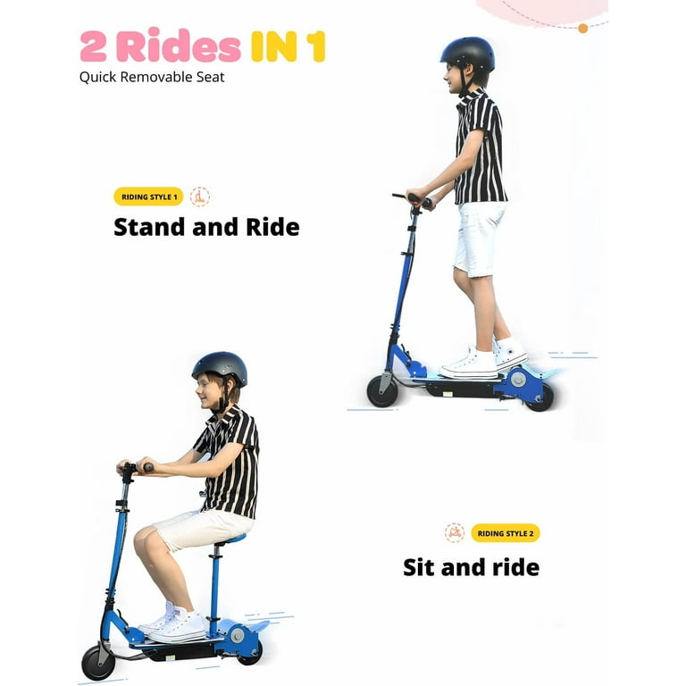 E120 Scooter eléctrico con asiento para niños de 6 a 12 años, 60 minutos de  duración de la batería, asiento extraíble, 2 estilos de equitación, carga