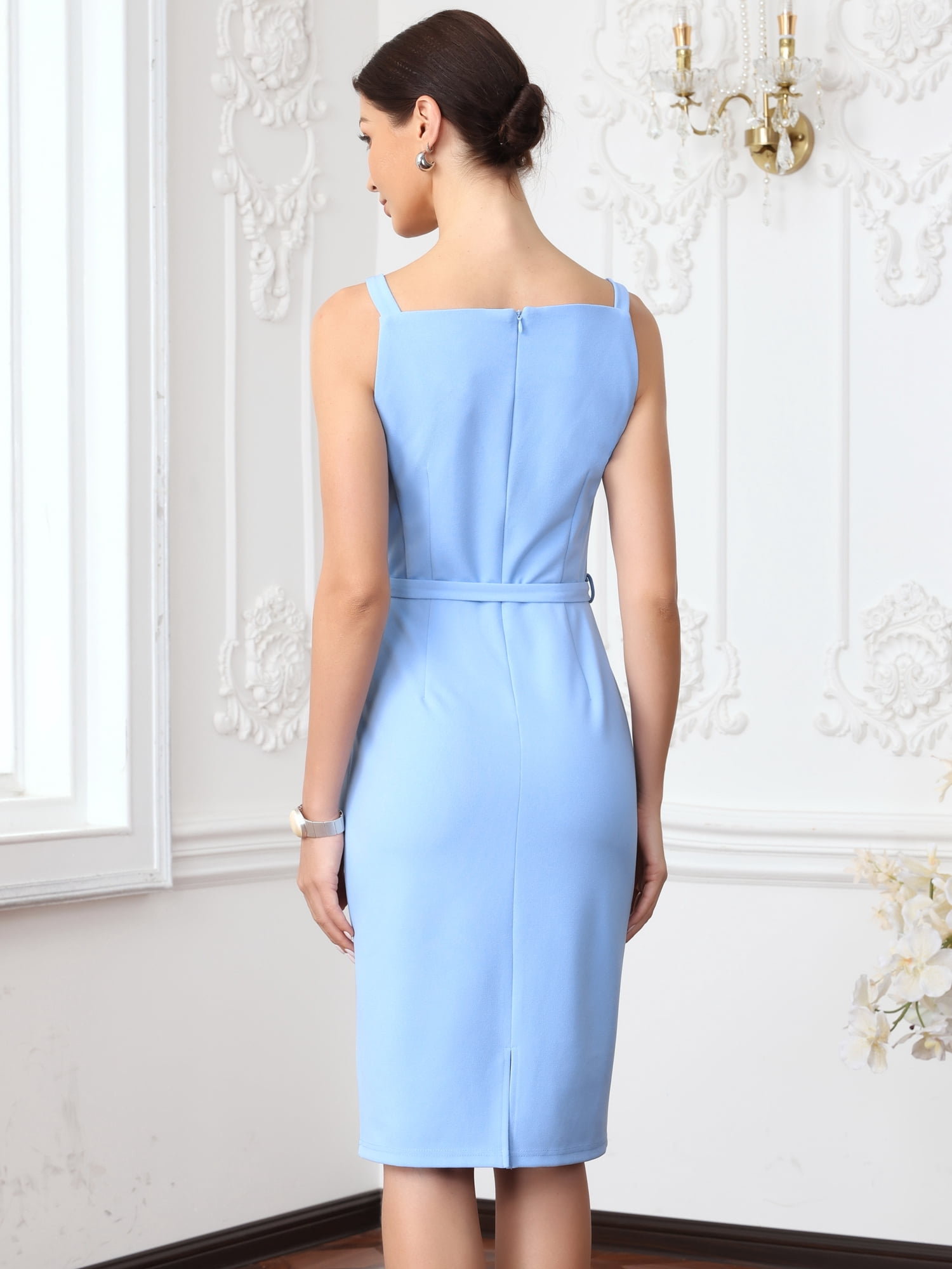 DARING DIVA Women's Work Dresses Sleeveless Square Neck Belted Sheath Dresses S Blue