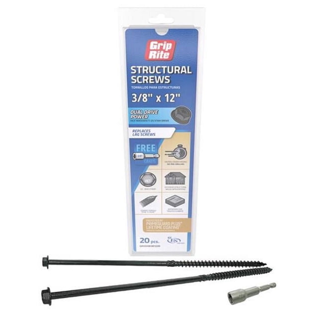 Grip-Rite 5037419 0,375 in wire x 12 in. Vis Structurelles à Tête Hexagonale Étoile&44; Pack de 20