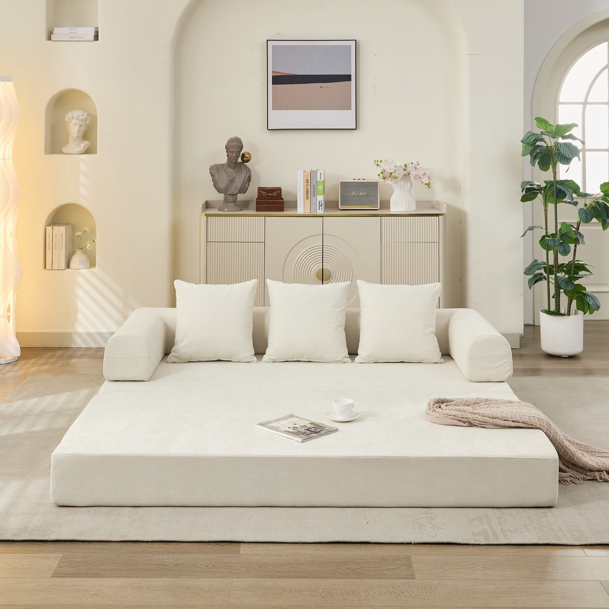 Leumius 78.8" Convertible Futon Sofa Bed, Boneless Couch for Living Room, Chenille Boneless Loveseat Sleeper Sofa, Foldable Floor Sleeper Mattress Lounge for Living Room Bedroom, No Assembly,Beige
