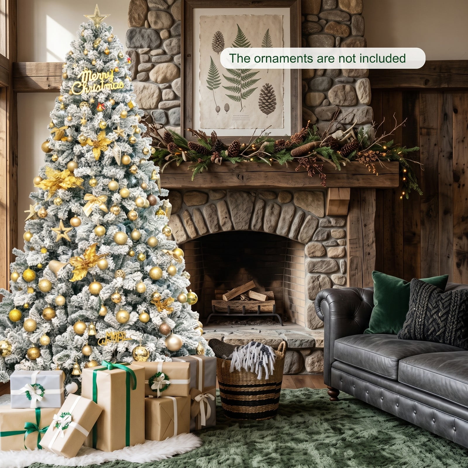 RUIE 9 FT Artificial Christmas Tree, Premium Snow Flocked Hinged Full Xmas Tree with Metal Stand, 1498 Branch Tips PVC Holiday Tree for Home Office Party Indoor, White