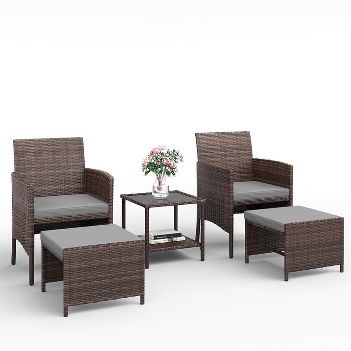 ELPOSUN 5 Piece Patio Furniture Set, Outdoor Patio Conversation Rattan Chair with Ottomans/Storage Coffee Table for Patio, Space Saving Design for Balcony Poolside Front Porch Deck,Brown Rattan, Gray