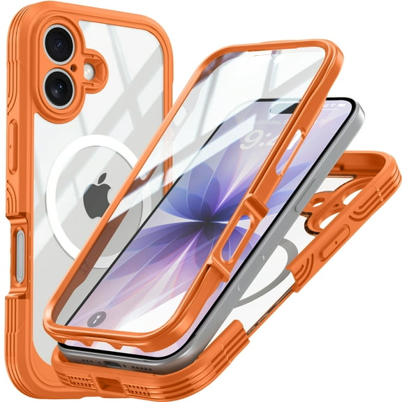 Decase for iPhone 17 2025 Magnetic Case,Full-Body Protective Phone Cover with Built-in Glass Screen Protector,Compatible with Mag-Safe,Shock-absorbent TPU Bumper Water-Resistant Cover,Orange