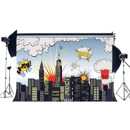 Image of ABPHOTO Polyester 7x5ft Cartoon Super City Skyline White Clouds Photography Backdrops Seamless Newborn Baby Toddlers Kids Children Boys Birthday Portraits Background Photo Studio Props