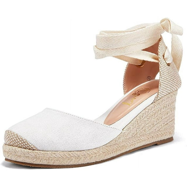 Sandales en Toile Imperméables pour Femmes avec Lacets Bout Fermé Talon Compensé Sandales d'Été Chaussures pour Femmes Filles