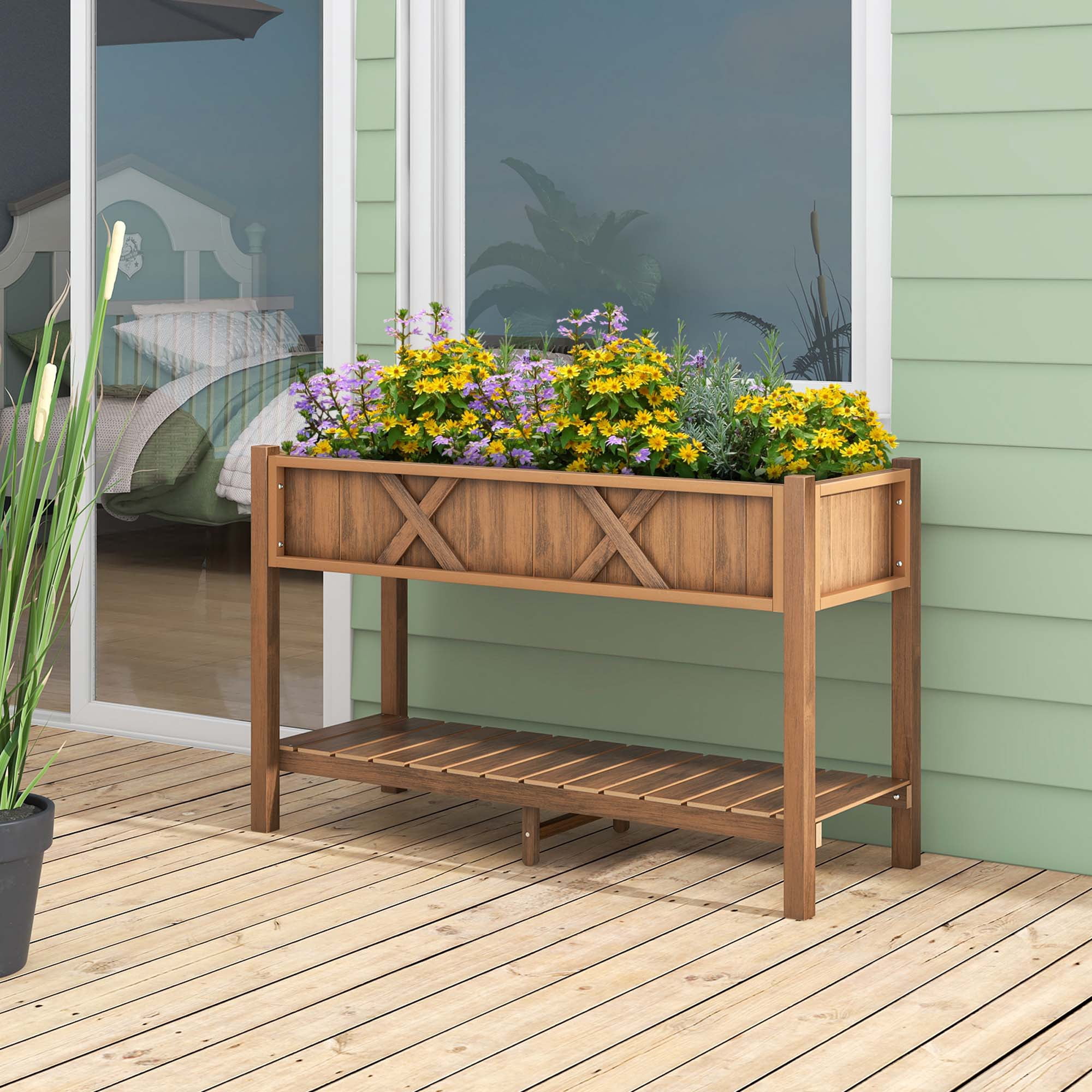 Costway HIPS Raised Garden Bed Poly Wood Elevated Planter Box with Legs, Storage Shelf Coffee