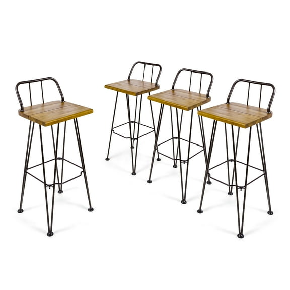 Leonardo Outdoor Industrial Acacia Wood Barstools with Iron Frame, Set of 4, Teak and Rustic Metal