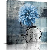 Mordern Abstract Wall Art - Navy Blue Flower Framed Artwork Watercolor Dahila Pictures Prints Wall Decor for Bathroom Kitchen, Bedroom Living Room Canvas Wall Art, 12" x 12"