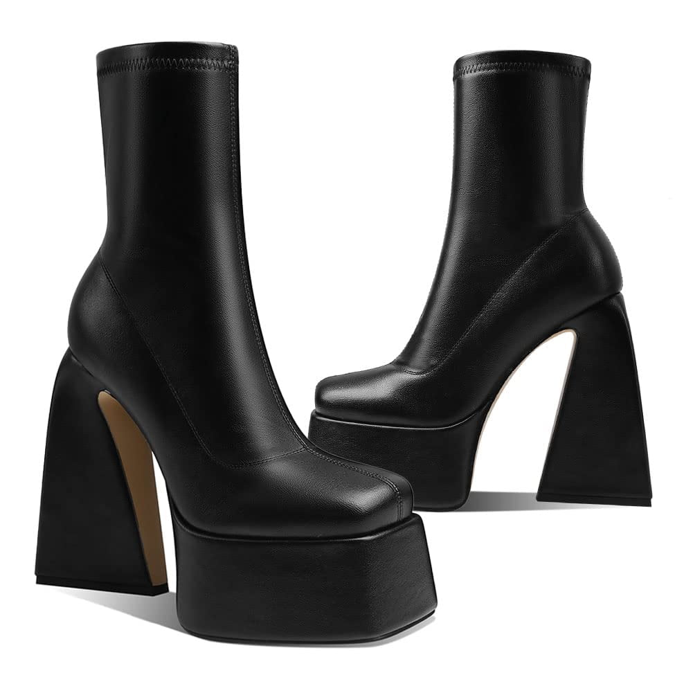 Square Toe Chunky High Heeled Stacked Platform Boots