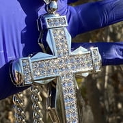 Mens Huge Flared Cross Fully Iced Pendant Cuban Link Hiphop Necklace Silver Tone Hip Hop Chain 30 Inch