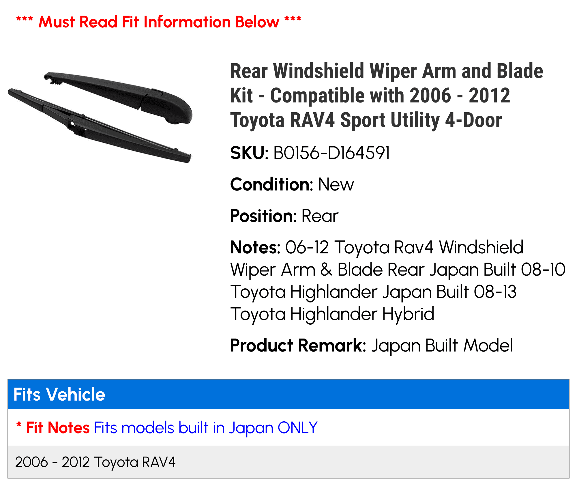 Perfect Fit Rear Wiper Blade & Arm Kit For Toyota Highlander, RAV4