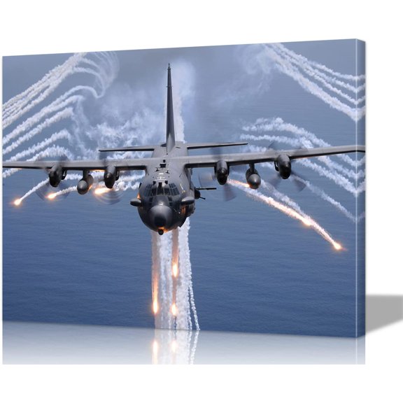 Aaheei AC-130 Air Gunship Airplane Decor - Aviation Wall Art Fighter Jet Poster with Built-in Frame, Airplane Art for Office, Living Room Lightweight & Ready to Hang