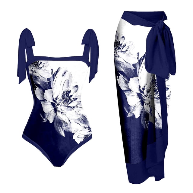 MKLEKYY Bikini Mujer Traje De Baño Women Vintage Abstract Floral Print 1 Piece Swimwear+1 Piece Cover Up Two Piece Vintage Print Swimsuit Monokini Bikini 2 Piece Swimsuits Two Piece Tankini Set 125