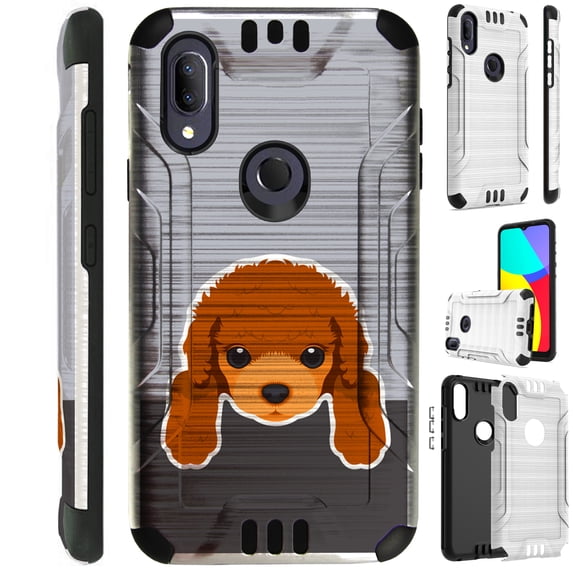 Compatible with Cricket Lumos | Alcatel Axel Brushed Metal Texture Hybrid Silver Guard Phone Case Cover (Cute Dog Poodle)