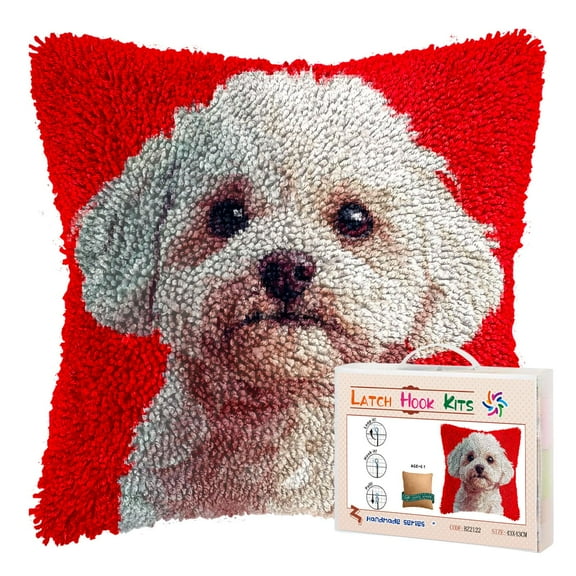DIY Latch Hook Pillow Kits for Adults White Bichon Frise Dog Portrait Printed Pillowcase Crochet Yarns Hooking Handmade Pillow Cover Cushion for Home Sofa Decoration 17x17inch(2)