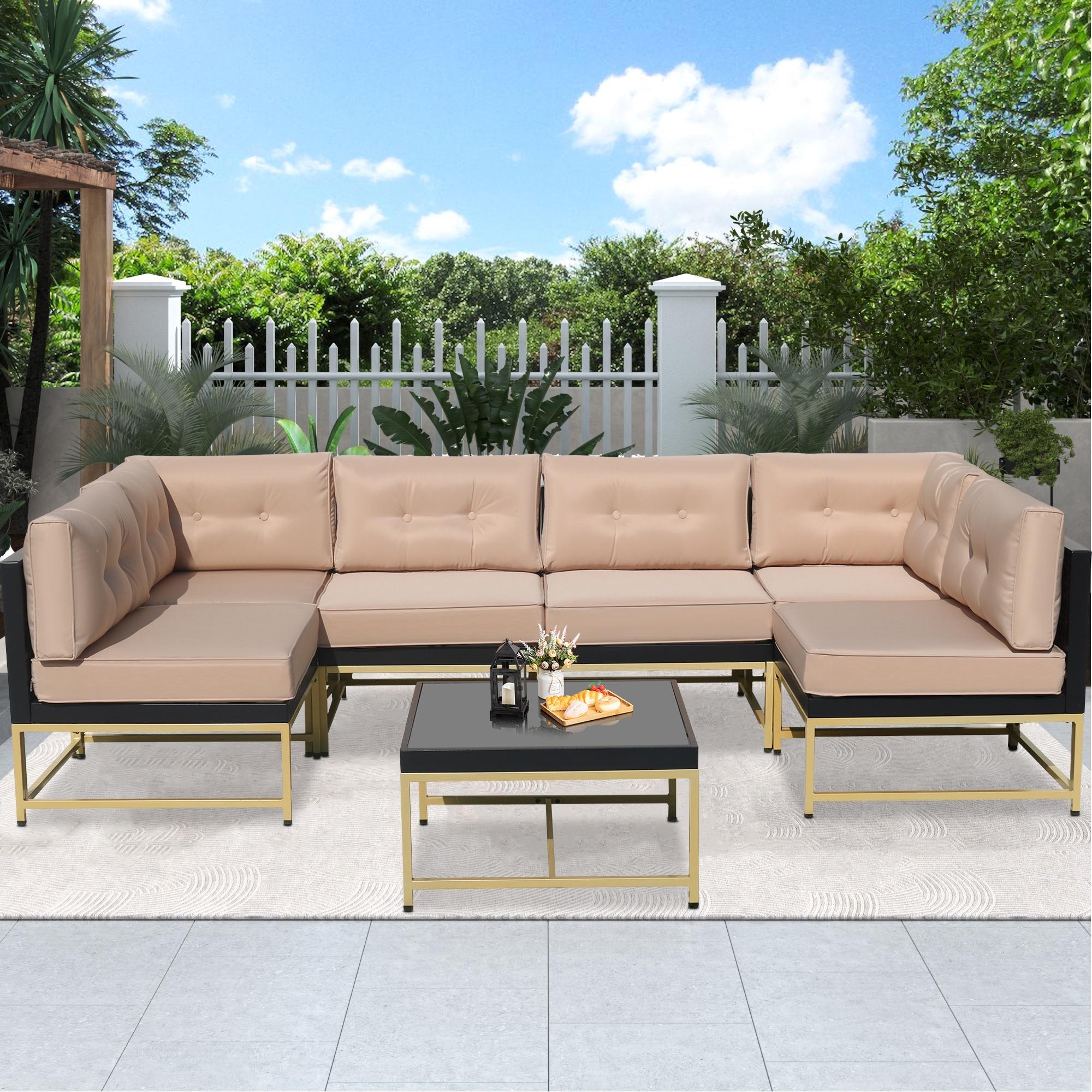 Patio Outdoor Furniture Sets, 7 Pieces All-Weather Rattan Sectional Sofa with Tea Table and Cushions, PE Rattan Wicker Sofa Couch Conversation Set for Garden Backyard Poolside - image 3 of 11
