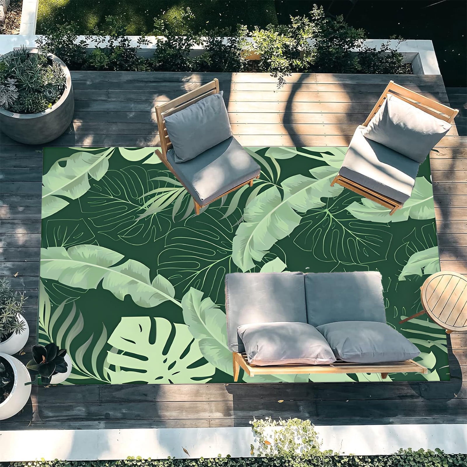 DAMAI Leaf Outdoor Rugs 4x5.2Ft for Patios Clearance Waterproof, Reversible Tropical Polyester Straw Camping Mat Outside Rug, Large Outdoor Area Rug for RV, Deck, Balcony, Picnic