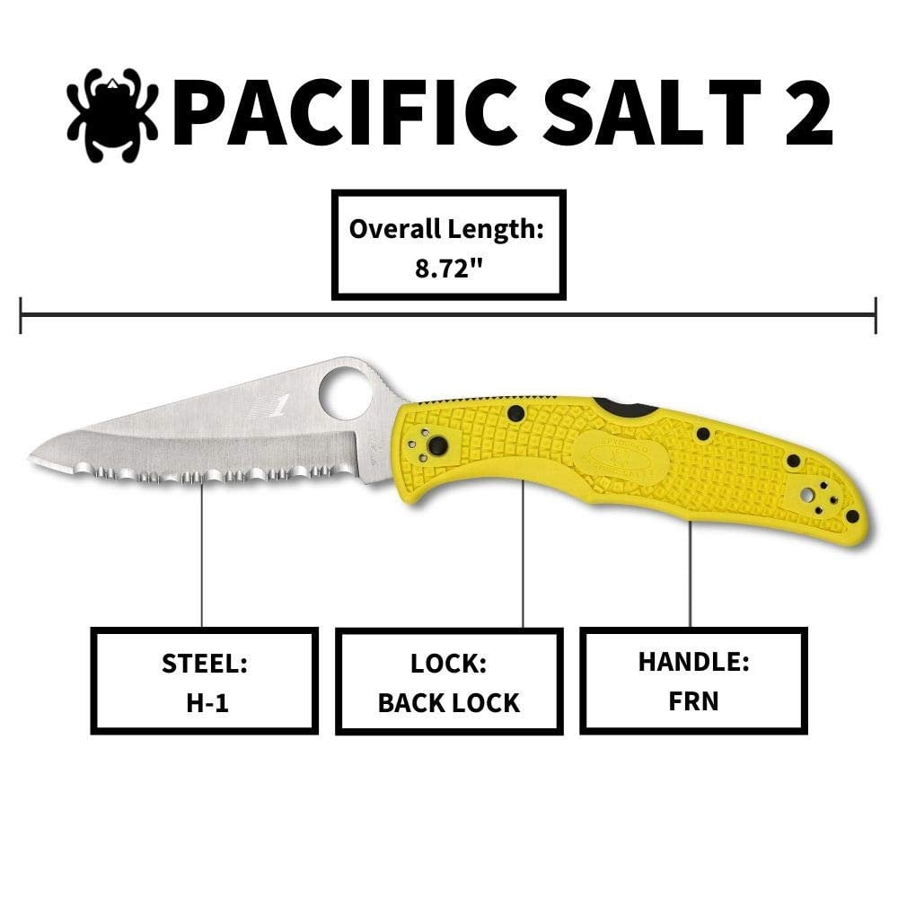 Spyderco Pacific Salt 2 Folding Knife 3.78" H2 Satin Serrated Blade, Yellow FRN Handles, Lockback - C91SYL2