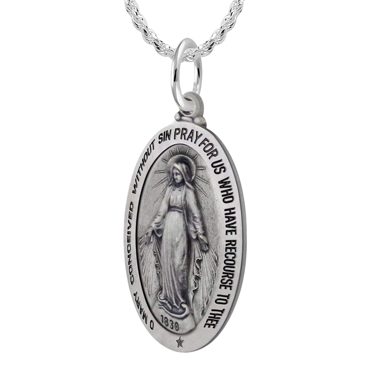 US Jewels And Gems New 925 Sterling Silver 1.5 Oval Miraculous Virgin Mary Antique Finish Pendant Necklace