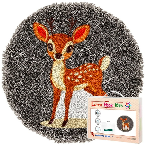 Latch Hook Rug Kit A Cartoon Cute Deer Stamped Handmade Round Shape Carpet Crochet Yarn Craft DIY Hook and Latch Door Mat Tapestry for Home Floor Decor 50x50cm(5)