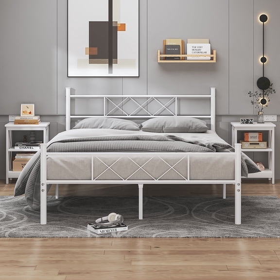 VECELO 3-Piece Modern Bedroom Set-Includes Metal Queen Bed Frame with Headboard & Set of 2 X-Design Nightstands, Heavy Duty Wooden Storage Side Table, White