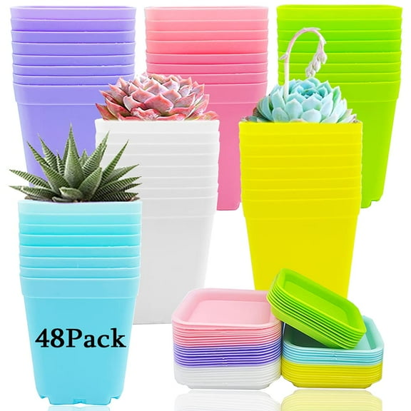 24 Pack Square Plastic Flower Pots with Saucers, Colorful Succulent Planters for Indoor Outdoor Decor, Nursery Pots for Room Garden Office Balcony, Multicolor