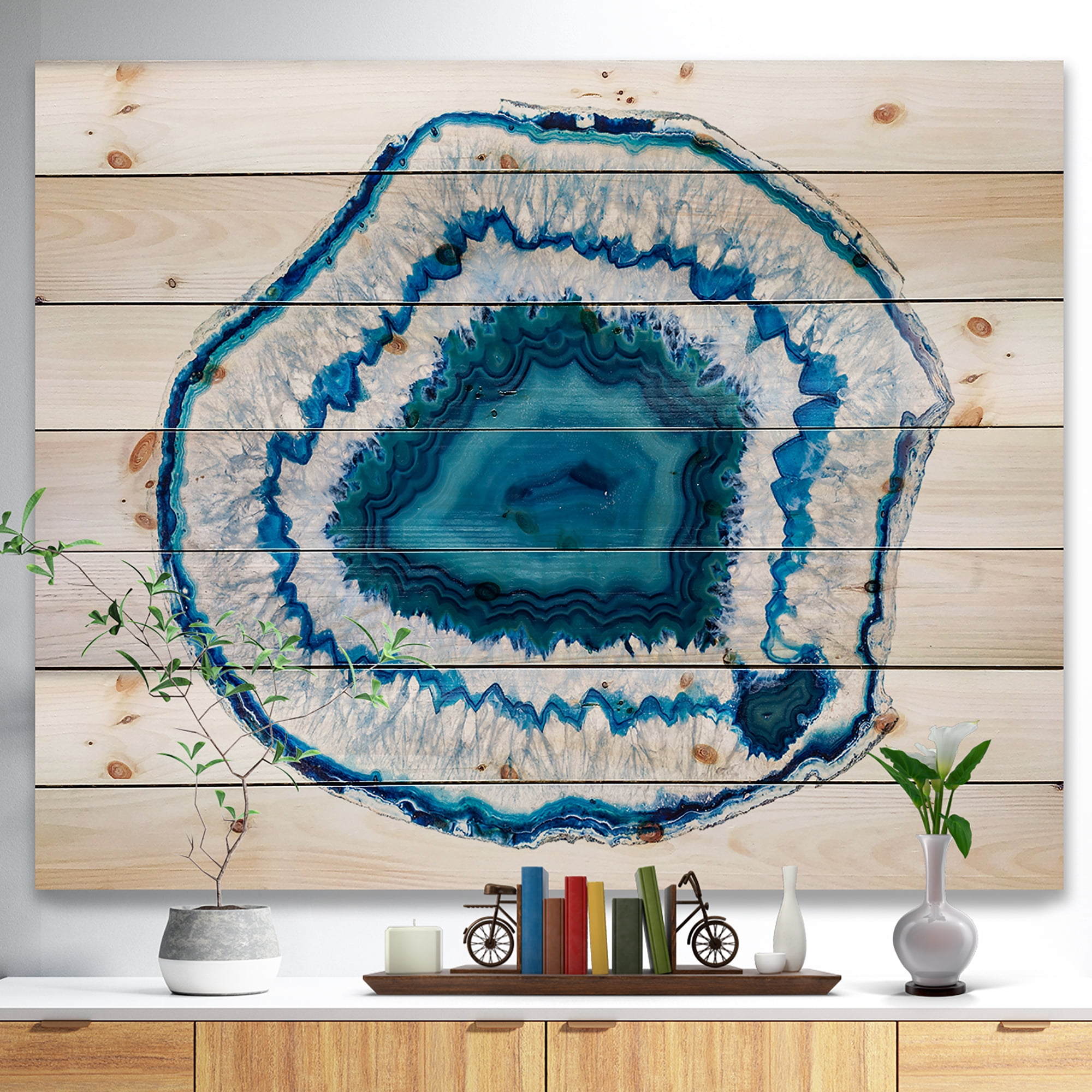 Designart Blue Agate Crystal Abstract Print on Natural Pine Wood Art Print, 20" x 12"