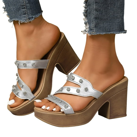 Sandales à Plateforme à Strass pour Femmes Été 2025 Tendance Bling à Talon Haut Épais à Enfiler Mules de Robe