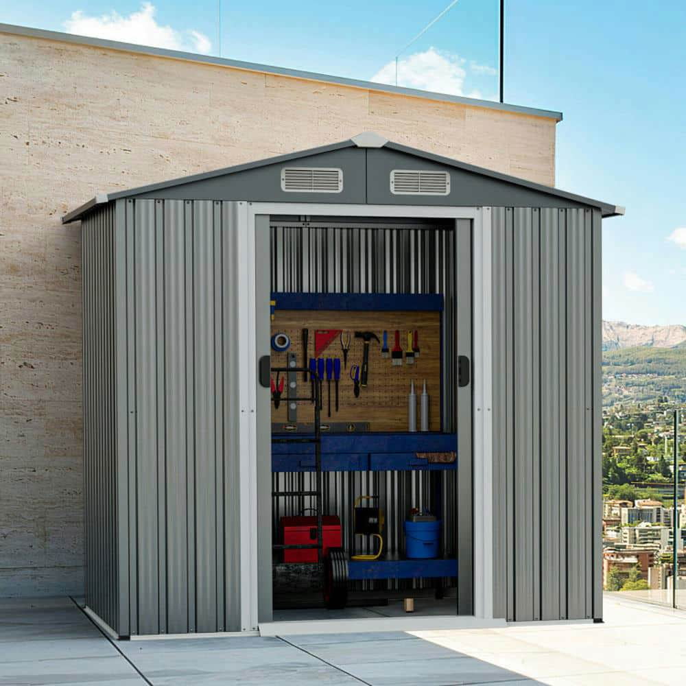 Yardi Yarda 6 x 4 Feet Galvanized Steel Storage Shed with Lockable Sliding Doors, Multipurpose Storage Shed, Gray