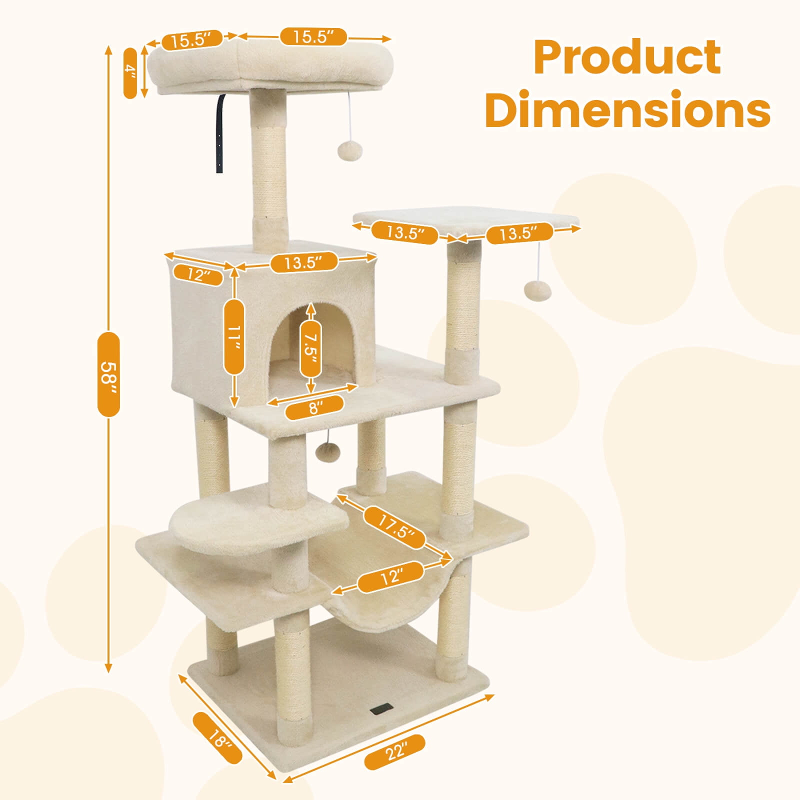 Costway 58” Tall Multi-level Cat Tree with Upholstered Perch & Cat Condo, Comfy Hammock Beige