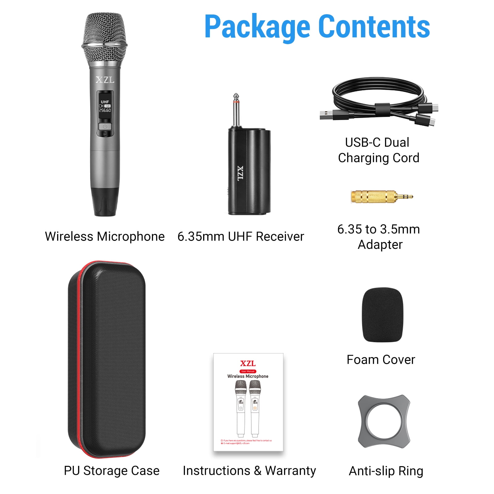 XZL Wireless Microphone, Rechargeable UHF Microphone with 1/4
