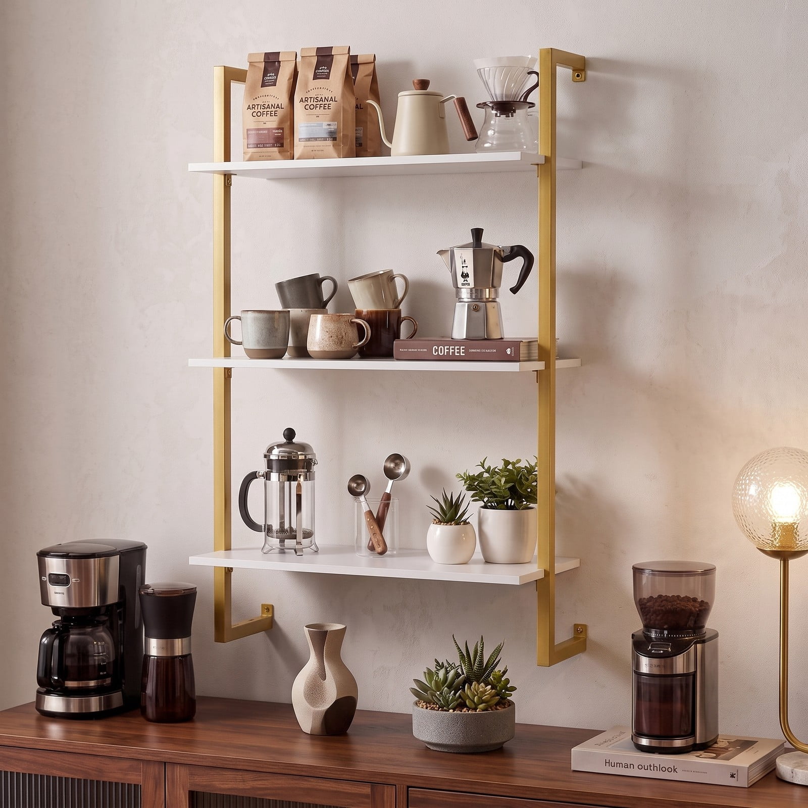Furnibear 3-Tier Floating Wall Shelf, Modern White Wood Bookcase Wall-Mounted Storage Rack for Living Room Bedroom Kitchen Home Office Bathroom, Space-Saving, White
