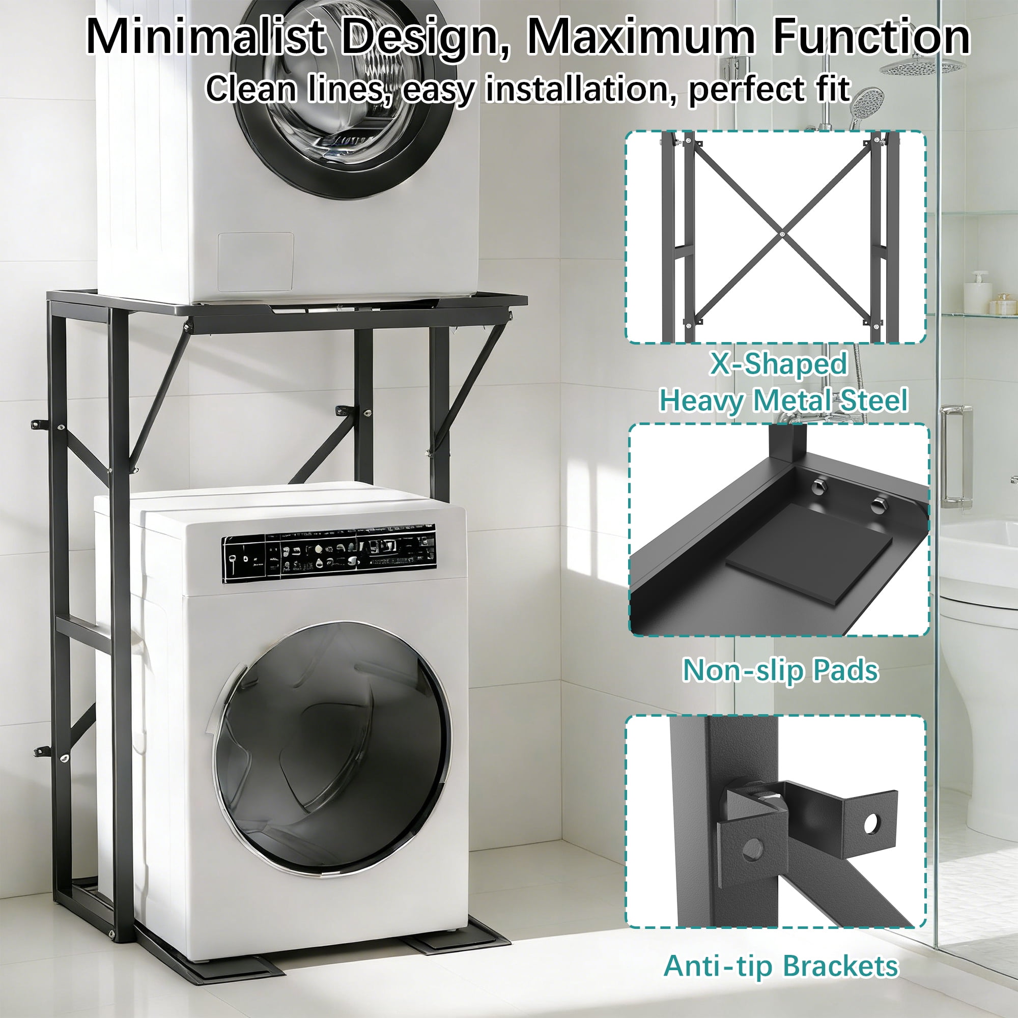 HOHYN Heavy Duty Steel Washer Dryer Stacking Rack Stand, 100 lb Weight Capacity, Compatible with Black+Decker Portable Washers & Dryers, Black