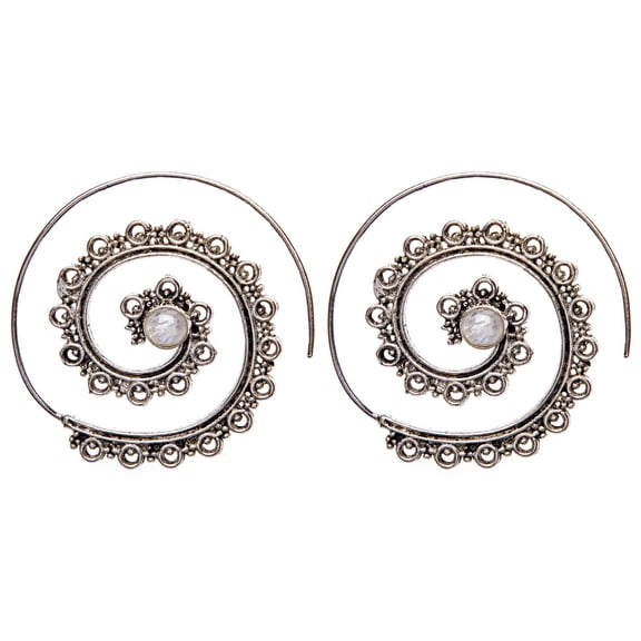 Silver Brass Moonstone Mandala Dot Work Spiral Threader Earrings