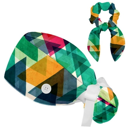 

Working Cap with Buttons and Sweatband Scrub Hat Bouffant Caps with Scrunchie Colorful Abstract Mosaic Print Tie Back Hats