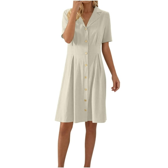 Bzhegqhd Womens A-Line Dresses Linen Blend Short Sleeve Shift Dress Solid Color Turn Down Collar Button Down Casual Breathable Summer Day Dress with Pockets