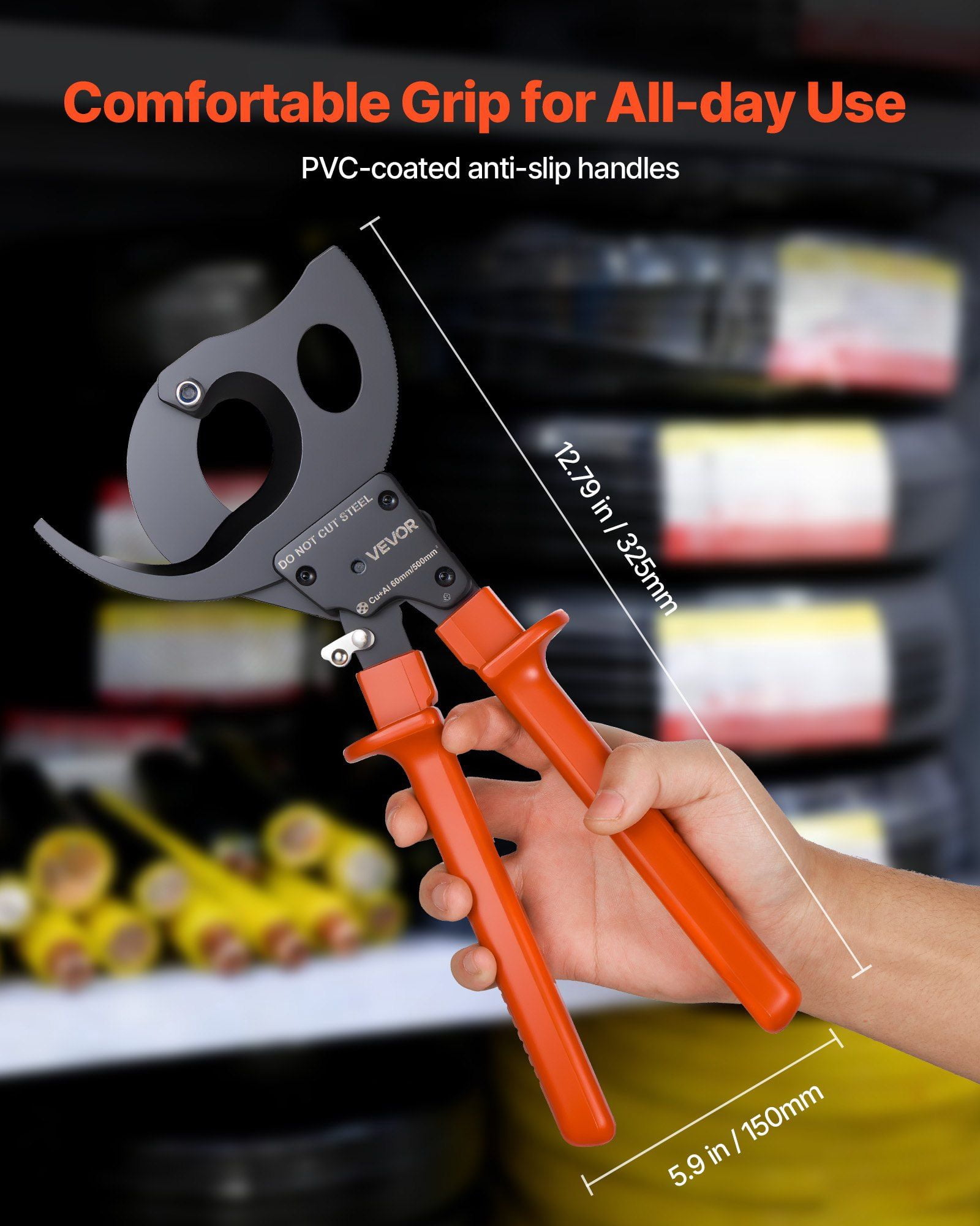 Ratcheting Cable Cutter, Spring Steel Blades with PVC-Coated Handles, Quick-Release Button, Heavy Duty Ratchet Cable Wire Cutter for Cutting Copper & Aluminum Cables Up to 1000 MCM / 500 mm²