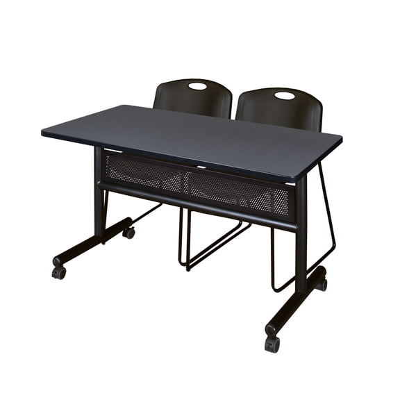 Romig Axis-Pro 48 x 24 in. Flip-Top Privacy Nesting Table- Grey, 2 Zeng Stack Chairs- Black