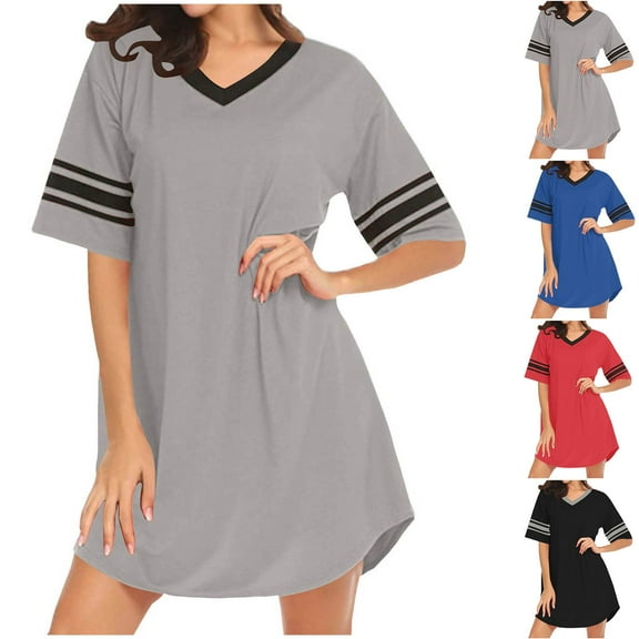 Antinious Pajama Tops for Women Solid Short Sleeve V-Neck T-Shirt Dress Comfy Homewear,Holiday!Nightgowns for Women,Women Pajama Dress,Black,XL