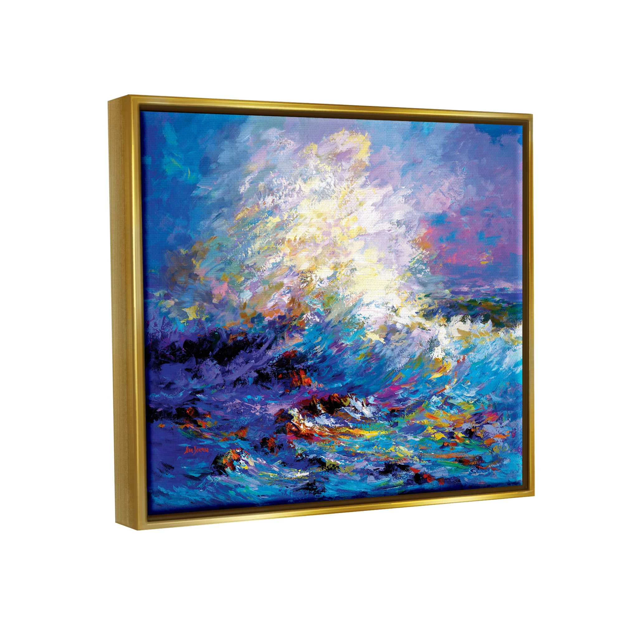 Stupell Industries Abstract Colorful Ocean Waves Landscape Painting Gold Floater Framed Canvas Art Print Wall Art, 21 x 17